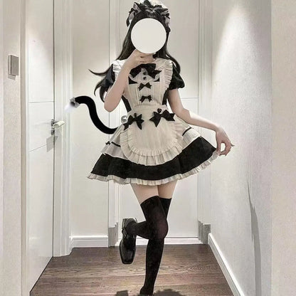Autumn Japanese Cute Lolita Maid Style Sweet Two-piece Set Women's Puff Sleeve Doll Collar Dress and Bowknot Apron Vintage Set