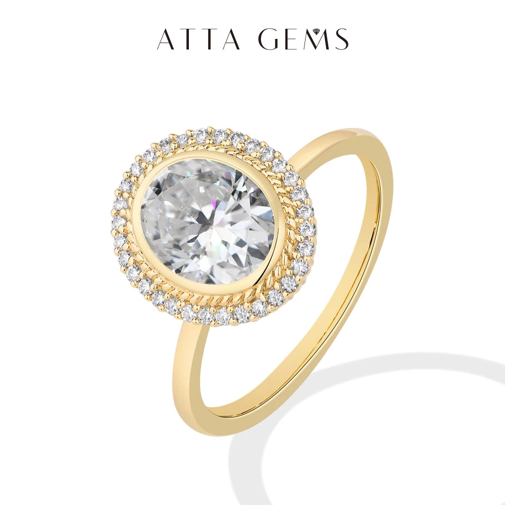 ATTAGEMS Oval Cut 2.0CT Moissanite Halo Engagement Ring for Women D VVS1 925 Silver 18K Gold Plated Luxury Band Wedding Jewelry