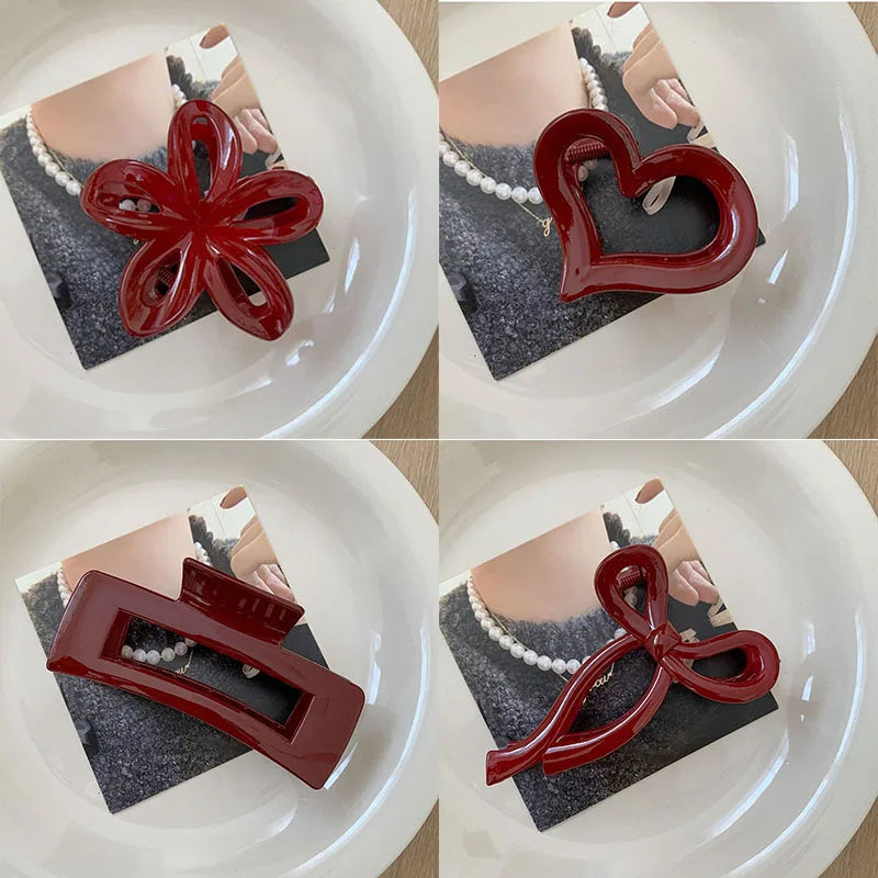 New Irregular Red Flower Hair Clip for Women Simple Temperament Back of The Head Hair Claws Barrettes Girl Hair Accessories
