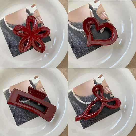 New Irregular Red Flower Hair Clip for Women Simple Temperament Back of The Head Hair Claws Barrettes Girl Hair Accessories