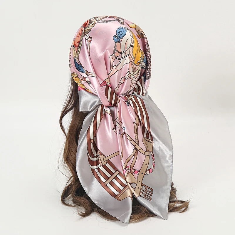 Satin Square Scarf Women Muslim Hijab Elegant 2025 Print Silk Neckerchief Shawl Wraps Headband Handle Hair Accessories Bandana