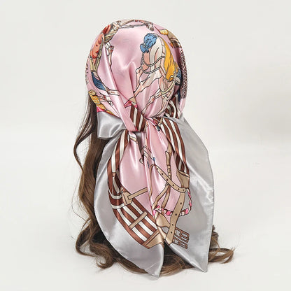 Satin Square Scarf Women Muslim Hijab Elegant 2025 Print Silk Neckerchief Shawl Wraps Headband Handle Hair Accessories Bandana