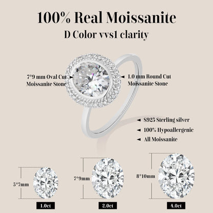 ATTAGEMS Oval Cut 2.0CT Moissanite Halo Engagement Ring for Women D VVS1 925 Silver 18K Gold Plated Luxury Band Wedding Jewelry