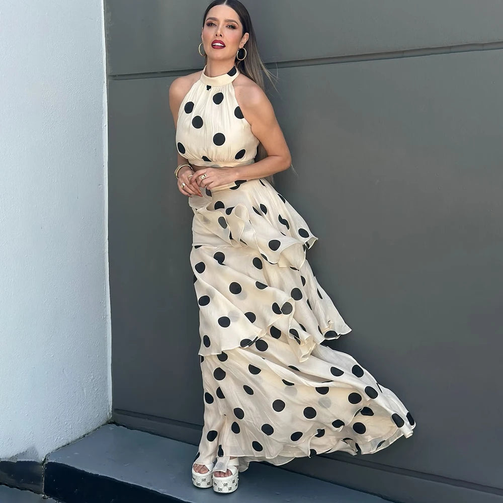 Tuularose Women Long Dress 2 Piece Elegant Polka Dot Sleeveless Top Ruffle Pleated Dress Set Luxury Party Sexy Female Dress Set
