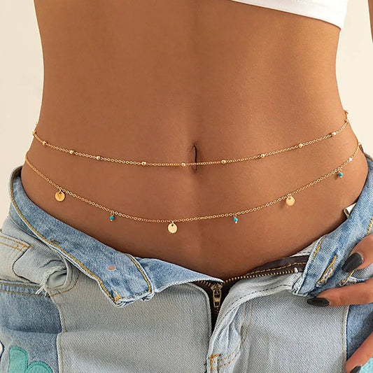 Minimalist Tassel Sequin Double Layer Chain Casual Pants Chain Hip-hop Body Chain Fashionable Retro Turquoise Waist Chain