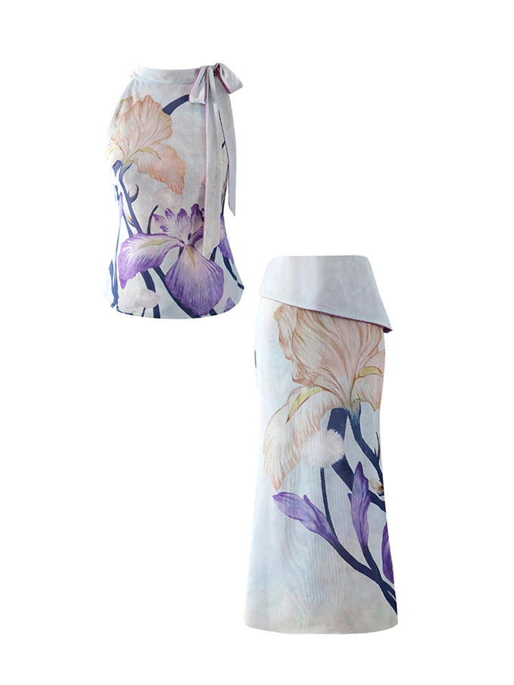 CHEERART Multi-Way Designer Floral 2 Pieces Set For Woman Summer Outfit Vintage Sleeveless Mesh Top And Long Maxi Skirt Sets