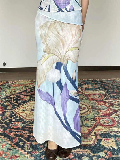 CHEERART Multi-Way Designer Floral 2 Pieces Set For Woman Summer Outfit Vintage Sleeveless Mesh Top And Long Maxi Skirt Sets