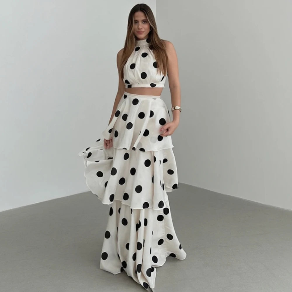 Tuularose Women Long Dress 2 Piece Elegant Polka Dot Sleeveless Top Ruffle Pleated Dress Set Luxury Party Sexy Female Dress Set