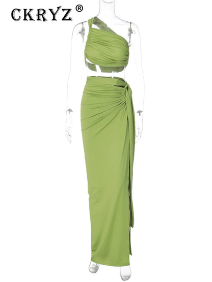 Ladies Summer 2 Pieces Set Women Sleeveless Backless Strap Spit Crop Top Side Slit Slim Long Skirt Evening Party Club Streetwear