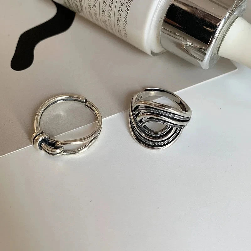 VENTFILLE 925 Sterling Silver Rings INS Fashion Hip Hop Vintage Couples Hollow Lines Punk Thai Silver Party Adjustable  Jewelry