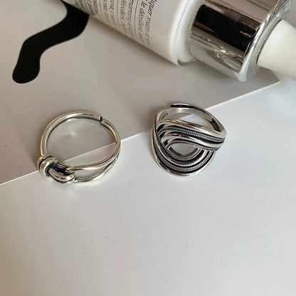 VENTFILLE 925 Sterling Silver Rings INS Fashion Hip Hop Vintage Couples Hollow Lines Punk Thai Silver Party Adjustable  Jewelry
