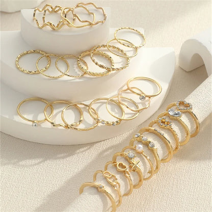 New Fashion Boho Geometric Pearl Knuckle Rings Set for Women Gold Silver Color Wave Leaf Zircon Heart Ring Party Jewelry Gift