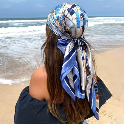 Satin Square Scarf Women Muslim Hijab Elegant 2025 Print Silk Neckerchief Shawl Wraps Headband Handle Hair Accessories Bandana
