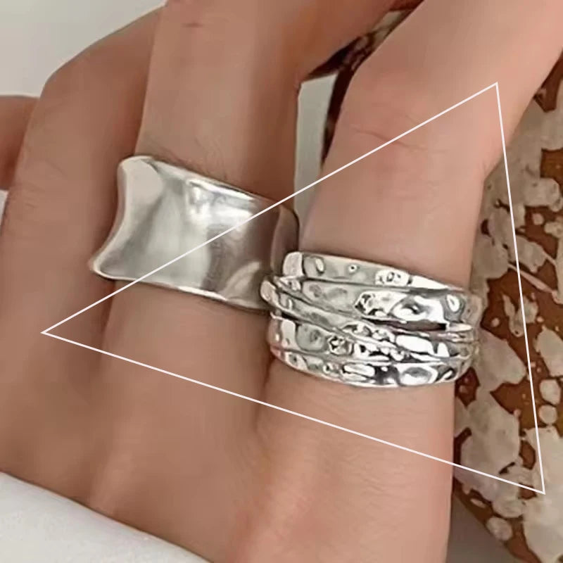 VENTFILLE 925 Sterling Silver Rings INS Fashion Hip Hop Vintage Couples Hollow Lines Punk Thai Silver Party Adjustable  Jewelry