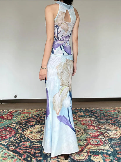 CHEERART Multi-Way Designer Floral 2 Pieces Set For Woman Summer Outfit Vintage Sleeveless Mesh Top And Long Maxi Skirt Sets