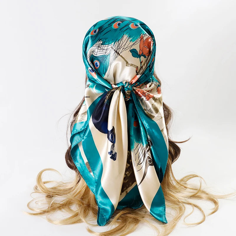 Satin Square Scarf Women Muslim Hijab Elegant 2025 Print Silk Neckerchief Shawl Wraps Headband Handle Hair Accessories Bandana