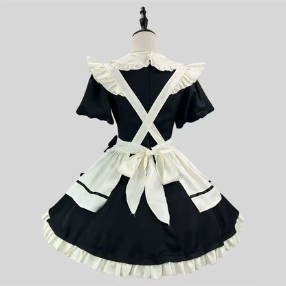 Autumn Japanese Cute Lolita Maid Style Sweet Two-piece Set Women's Puff Sleeve Doll Collar Dress and Bowknot Apron Vintage Set