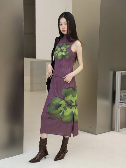 CHEERART Pleated Floral Summer Outfits For Women 2023 Purple Long Skirt And Sleeveless Top 2 Piece Set Fashion Designer Clothes