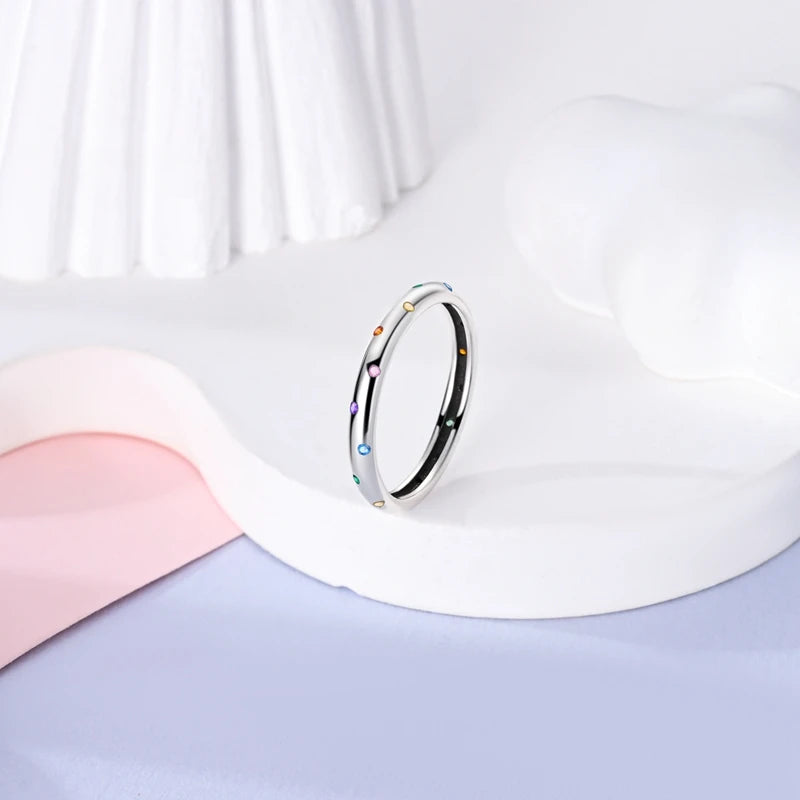 Original 925 Silver Sparkling Zircon Ring Stackable Classic Shine Stone Round Rings For Women Wedding Anniversary Jewelry Gift