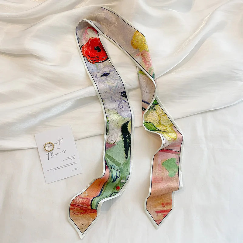 Diaphanous Fashion Headband Exquisite Thin Streamer Bag Strap Spring and Summer Oil Painting Style Small Ribbon Long Scarf Belt
