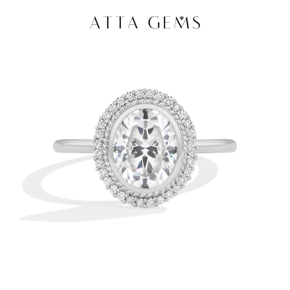 ATTAGEMS Oval Cut 2.0CT Moissanite Halo Engagement Ring for Women D VVS1 925 Silver 18K Gold Plated Luxury Band Wedding Jewelry