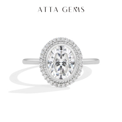 ATTAGEMS Oval Cut 2.0CT Moissanite Halo Engagement Ring for Women D VVS1 925 Silver 18K Gold Plated Luxury Band Wedding Jewelry