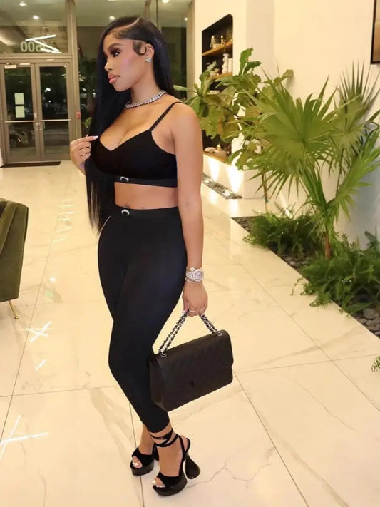 Sexy Two Piece Set Women Moon Tank Top Pants Ins High Street Summer Black Versatile Waist Slim Fit Outfit