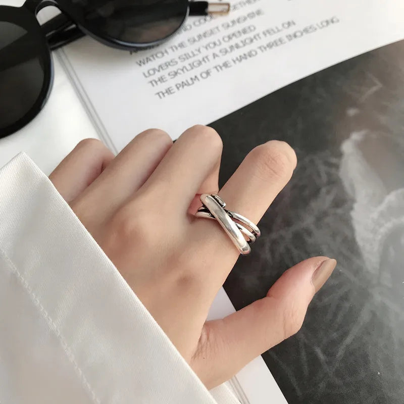 VENTFILLE 925 Sterling Silver Rings INS Fashion Hip Hop Vintage Couples Hollow Lines Punk Thai Silver Party Adjustable  Jewelry