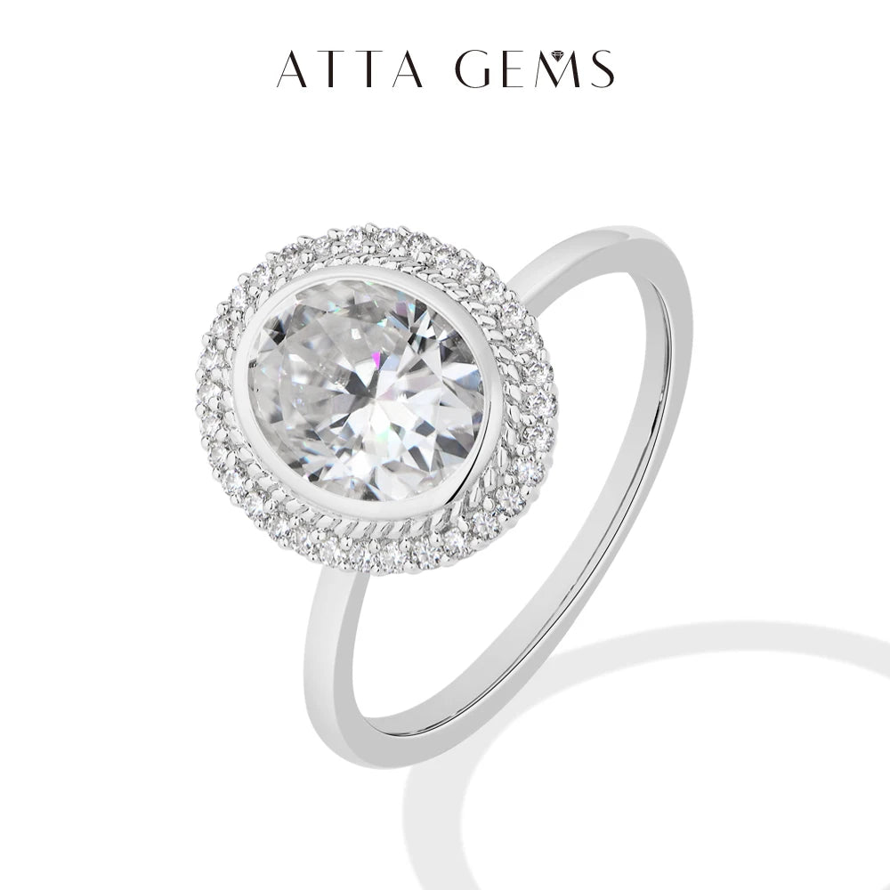 ATTAGEMS Oval Cut 2.0CT Moissanite Halo Engagement Ring for Women D VVS1 925 Silver 18K Gold Plated Luxury Band Wedding Jewelry