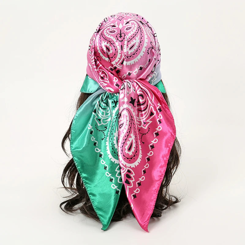 Satin Square Scarf Women Muslim Hijab Elegant 2025 Print Silk Neckerchief Shawl Wraps Headband Handle Hair Accessories Bandana