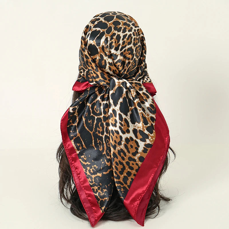 Satin Square Scarf Women Muslim Hijab Elegant 2025 Print Silk Neckerchief Shawl Wraps Headband Handle Hair Accessories Bandana