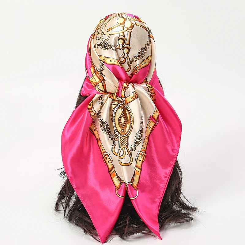 Satin Square Scarf Women Muslim Hijab Elegant 2025 Print Silk Neckerchief Shawl Wraps Headband Handle Hair Accessories Bandana