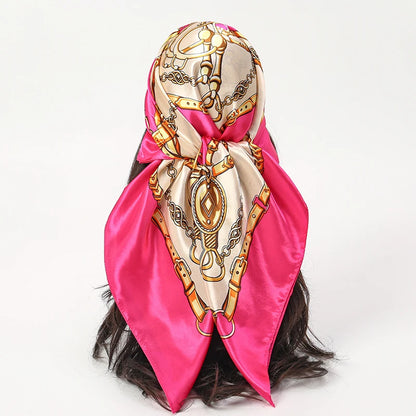 Satin Square Scarf Women Muslim Hijab Elegant 2025 Print Silk Neckerchief Shawl Wraps Headband Handle Hair Accessories Bandana