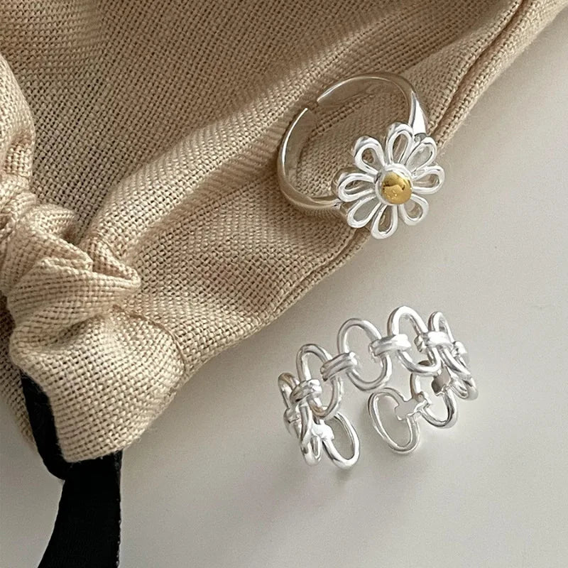 VENTFILLE 925 Sterling Silver Rings INS Fashion Hip Hop Vintage Couples Hollow Lines Punk Thai Silver Party Adjustable  Jewelry