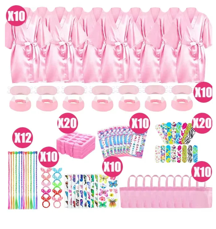 6/10/12 Set Spa Birthday Party Robes Gowns for Girls Kimono Satin Robe Hot Pink Spa Party Favors for Kids Child Birthday Spa Kit