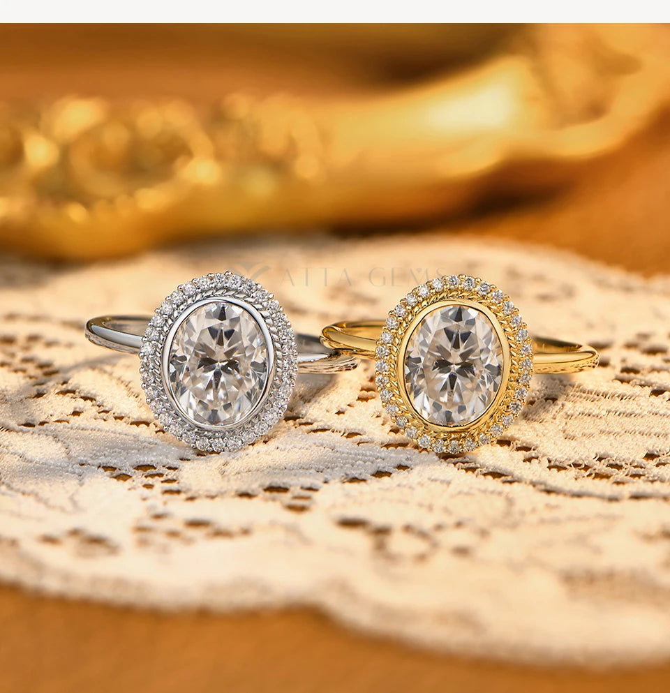 ATTAGEMS Oval Cut 2.0CT Moissanite Halo Engagement Ring for Women D VVS1 925 Silver 18K Gold Plated Luxury Band Wedding Jewelry