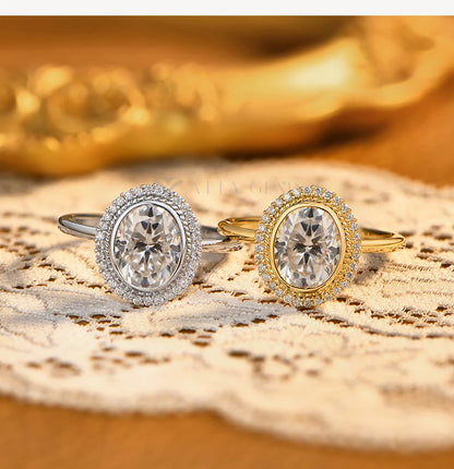 ATTAGEMS Oval Cut 2.0CT Moissanite Halo Engagement Ring for Women D VVS1 925 Silver 18K Gold Plated Luxury Band Wedding Jewelry