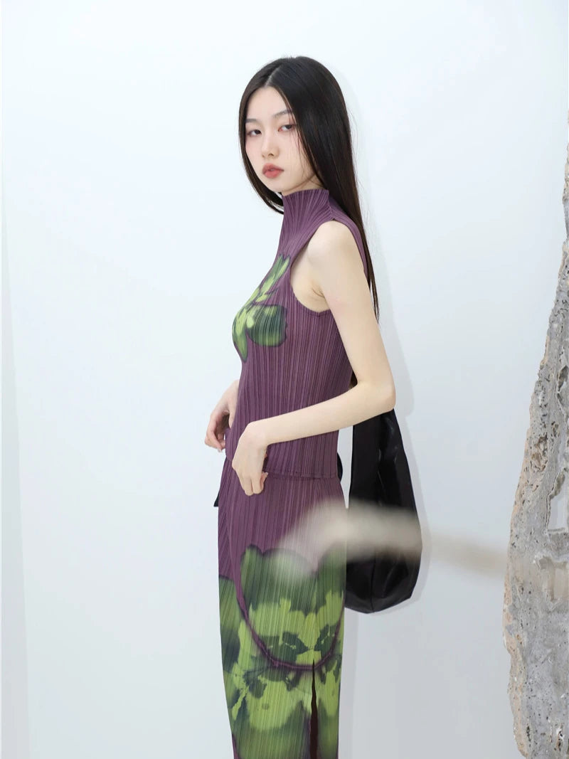 CHEERART Pleated Floral Summer Outfits For Women 2023 Purple Long Skirt And Sleeveless Top 2 Piece Set Fashion Designer Clothes