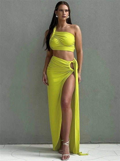Ladies Summer 2 Pieces Set Women Sleeveless Backless Strap Spit Crop Top Side Slit Slim Long Skirt Evening Party Club Streetwear