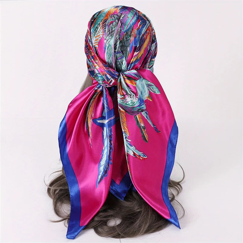 Satin Square Scarf Women Muslim Hijab Elegant 2025 Print Silk Neckerchief Shawl Wraps Headband Handle Hair Accessories Bandana