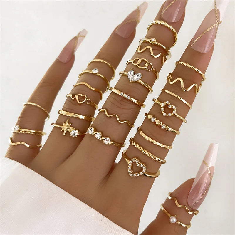 New Fashion Boho Geometric Pearl Knuckle Rings Set for Women Gold Silver Color Wave Leaf Zircon Heart Ring Party Jewelry Gift