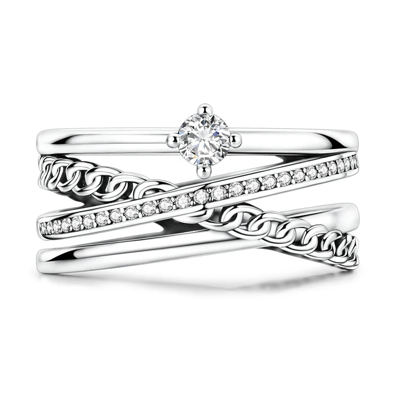 Original 925 Silver Sparkling Zircon Ring Stackable Classic Shine Stone Round Rings For Women Wedding Anniversary Jewelry Gift