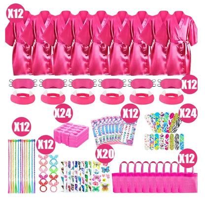 6/10/12 Set Spa Birthday Party Robes Gowns for Girls Kimono Satin Robe Hot Pink Spa Party Favors for Kids Child Birthday Spa Kit