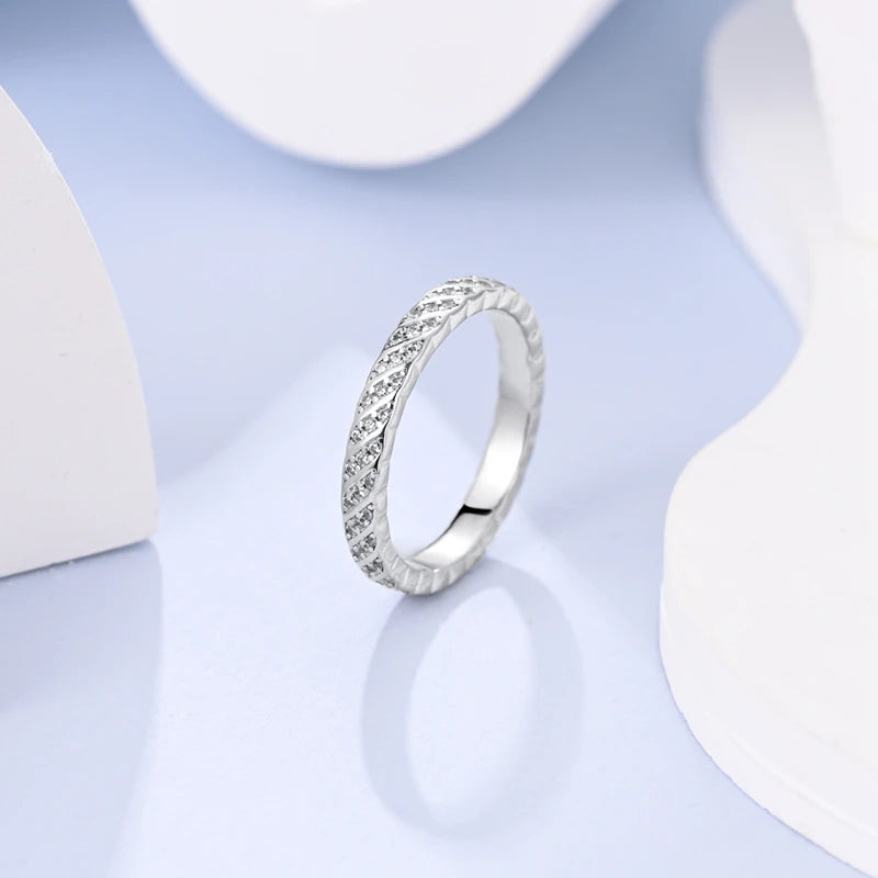 Original 925 Silver Sparkling Zircon Ring Stackable Classic Shine Stone Round Rings For Women Wedding Anniversary Jewelry Gift