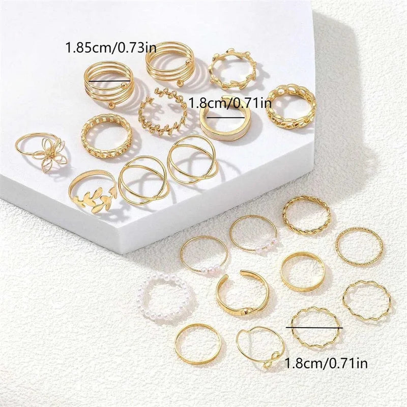 New Fashion Boho Geometric Pearl Knuckle Rings Set for Women Gold Silver Color Wave Leaf Zircon Heart Ring Party Jewelry Gift