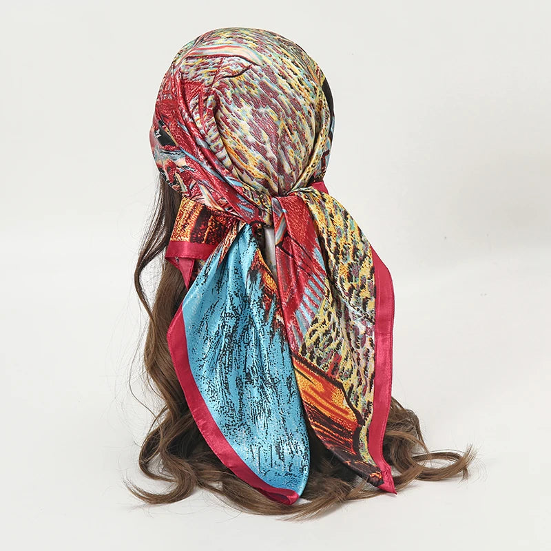 Satin Square Scarf Women Muslim Hijab Elegant 2025 Print Silk Neckerchief Shawl Wraps Headband Handle Hair Accessories Bandana