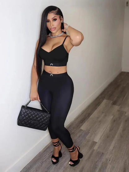 Sexy Two Piece Set Women Moon Tank Top Pants Ins High Street Summer Black Versatile Waist Slim Fit Outfit