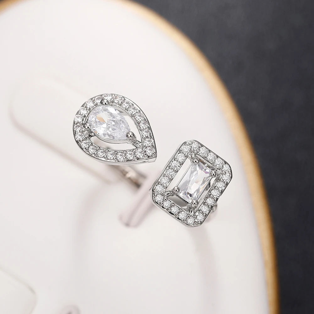 Huitan Geometric Shaped Cuff Opening Rings for Women Silver Color/Gold Color Noble Cubic Zirconia Ring Accessory Fashion Jewelry