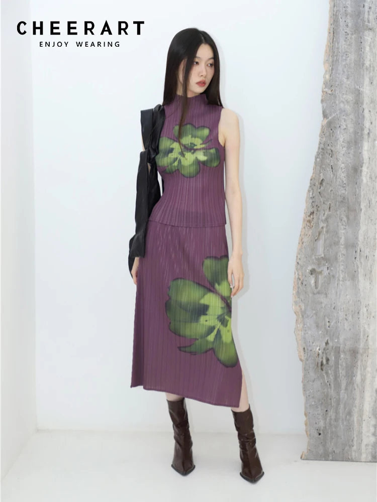 CHEERART Pleated Floral Summer Outfits For Women 2023 Purple Long Skirt And Sleeveless Top 2 Piece Set Fashion Designer Clothes