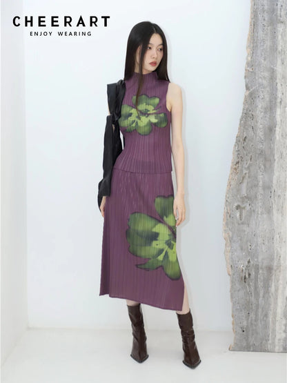 CHEERART Pleated Floral Summer Outfits For Women 2023 Purple Long Skirt And Sleeveless Top 2 Piece Set Fashion Designer Clothes